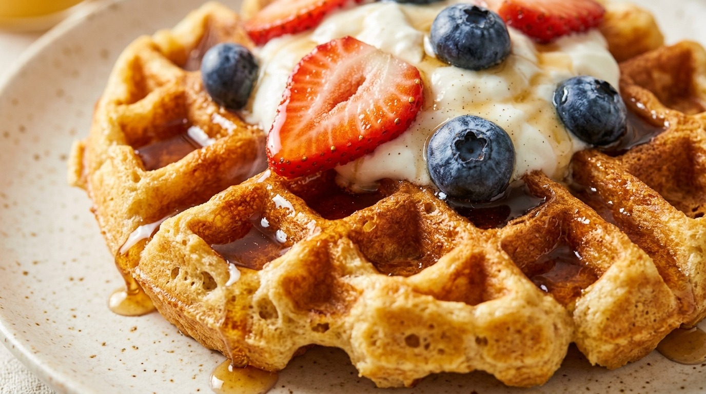 Ultra close-up macro of golden crispy Belgian protein waffle with deep grid pockets holding melted butter and dripping warm amber maple syrup