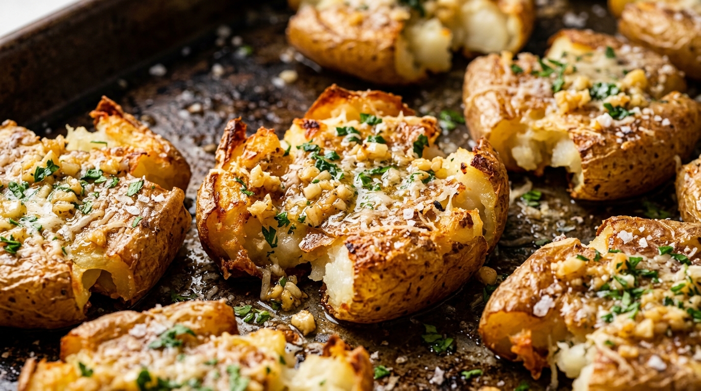 Ultra close-up macro of golden crispy smashed baby potatoes with ragged edges topped with melted parmesan cheese, garlic butter, and fresh parsley