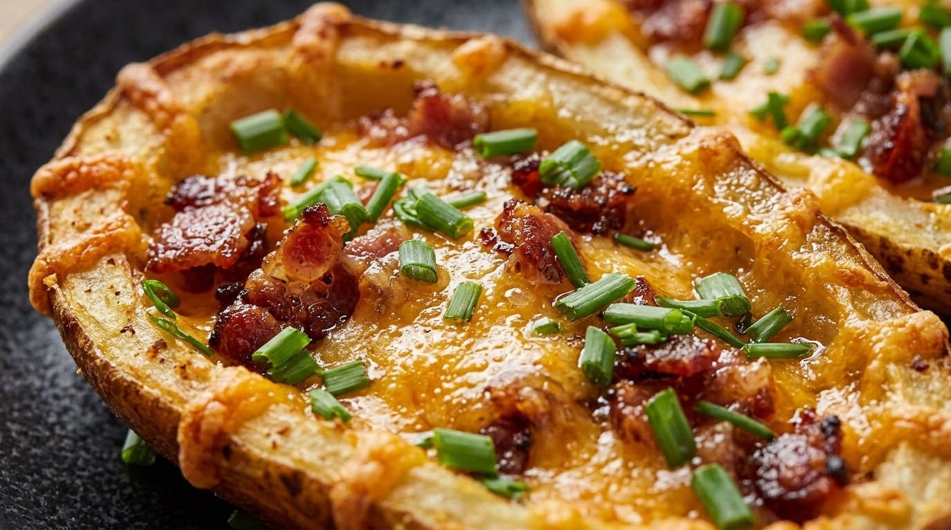 Ultra close-up macro of golden crispy loaded baked potato skins topped with melted cheddar, beef bacon, and green chives