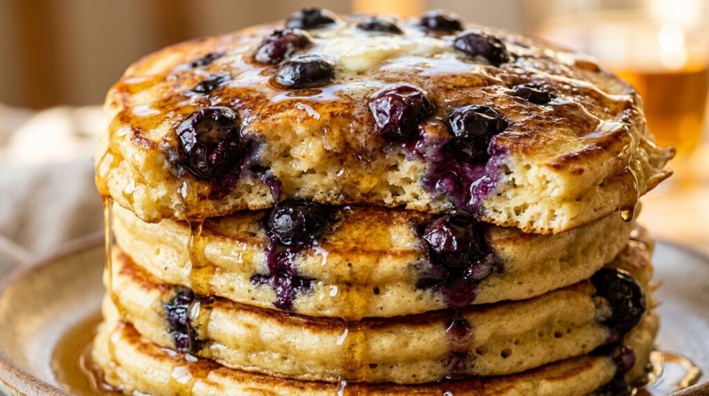Ultra close-up macro of a towering stack of golden fluffy blueberry cottage cheese pancakes dripping with melted butter and pure maple syrup
