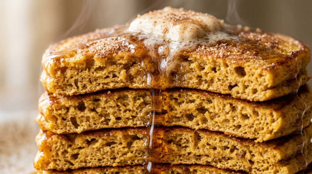 Ultra close-up macro of a tall golden stack of fluffy pumpkin spice pancakes drizzled with warm amber maple syrup and melting butter