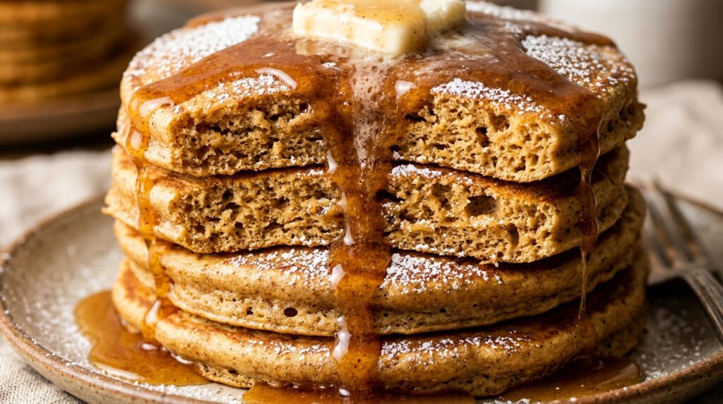 Ultra close-up macro of a tall fluffy stack of spiced gingerbread pancakes drizzled with warm maple butter glaze