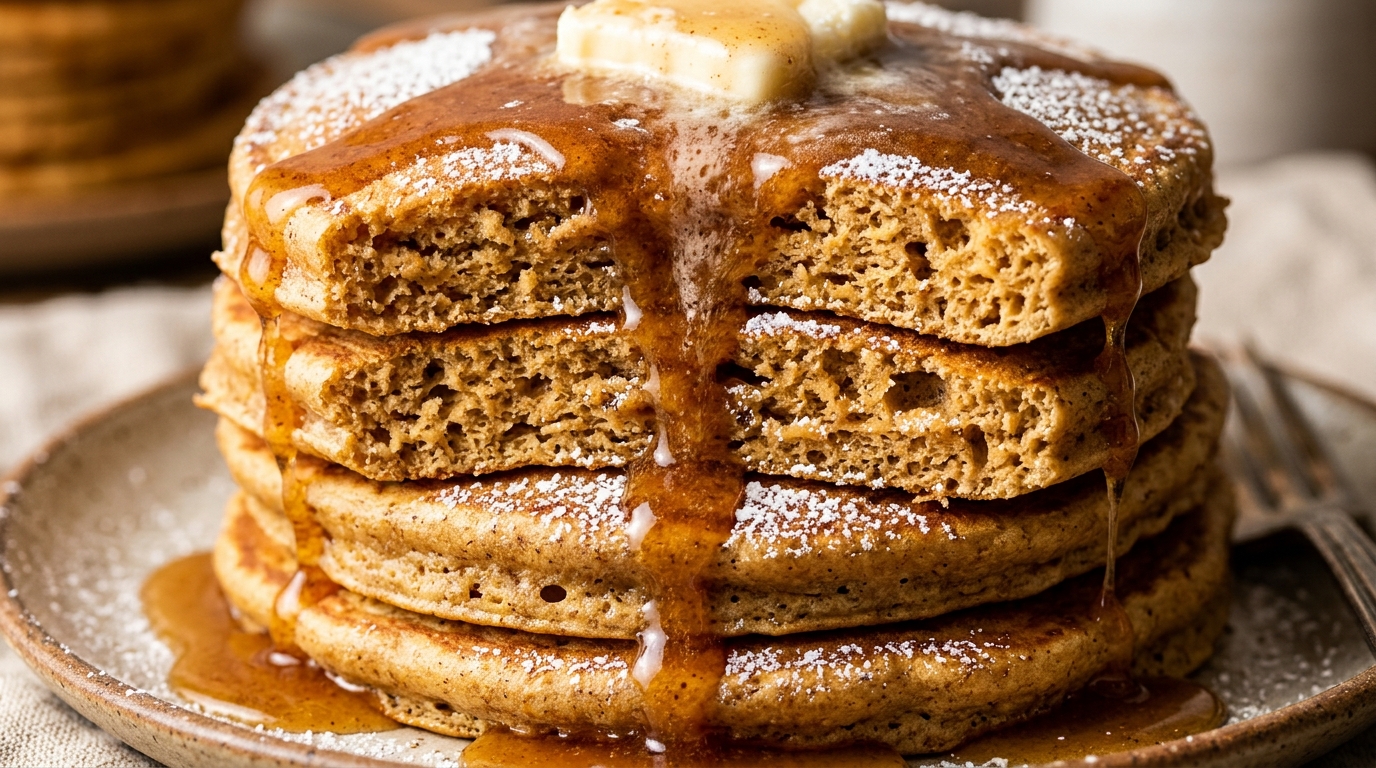 Ultra close-up macro of a tall fluffy stack of spiced gingerbread pancakes drizzled with warm maple butter glaze