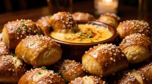 Warm golden garlic butter pretzel bites with creamy sharp cheddar dip