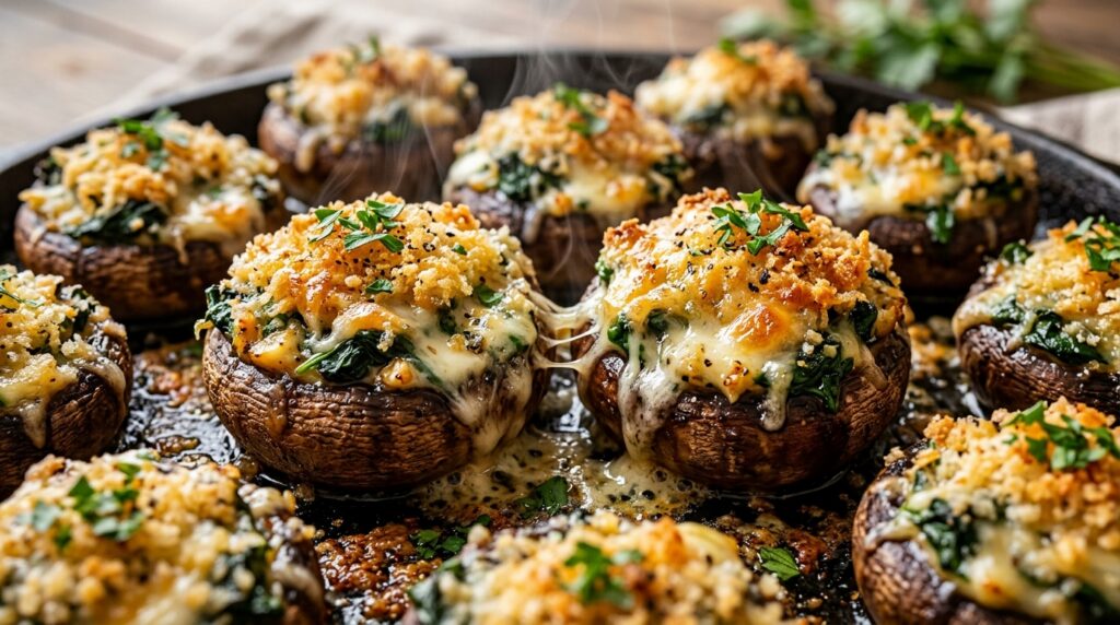 Ultra close-up macro of sizzling garlic parmesan stuffed mushrooms with spinach and toasted panko crust