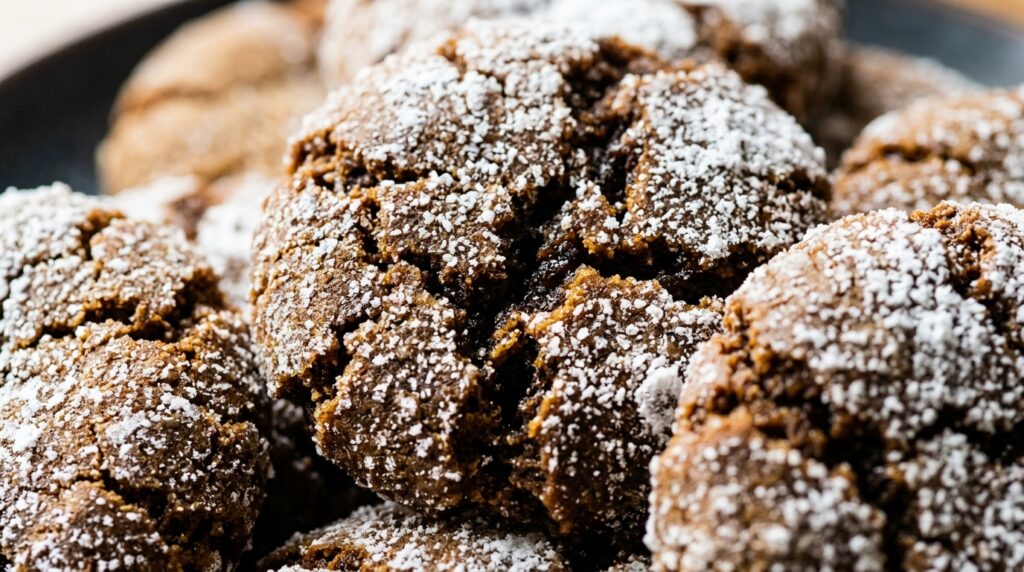 Ultra close-up macro of freshly baked chewy gingerbread crinkle cookies with snowy powdered sugar crackles and dark molasses texture