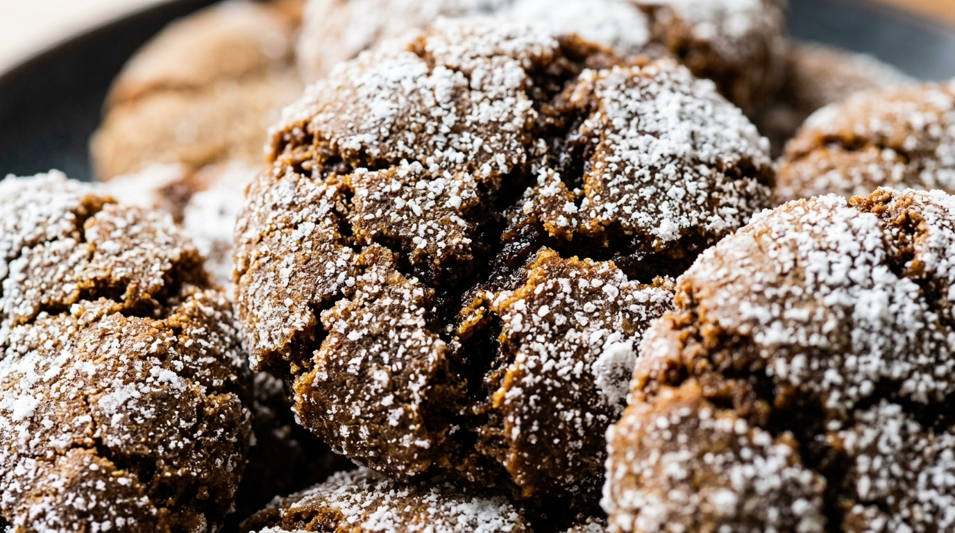 Ultra close-up macro of freshly baked chewy gingerbread crinkle cookies with snowy powdered sugar crackles and dark molasses texture