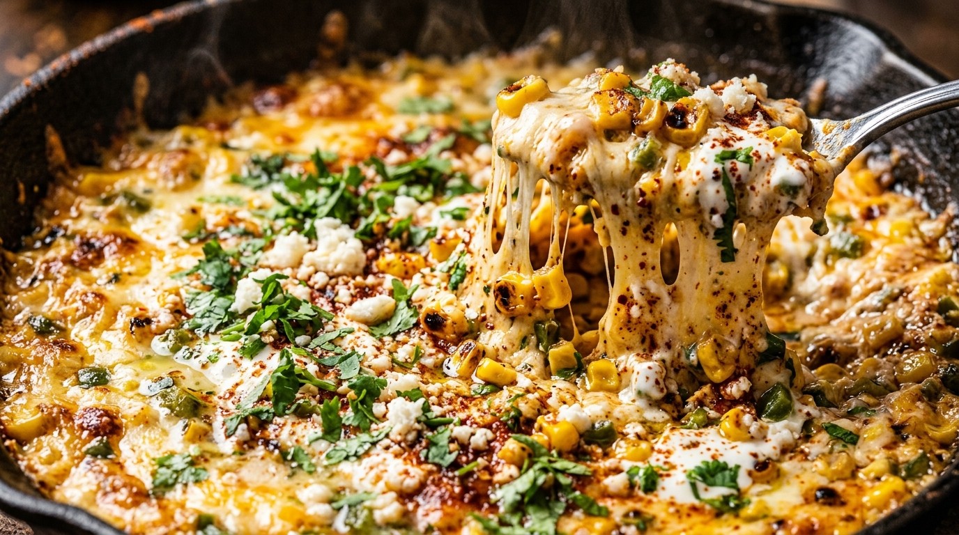 Ultra close-up macro of bubbling hot creamy Mexican street corn dip with melted pepper jack cheese, charred corn kernels, cotija crumbles, and chili powder scoop