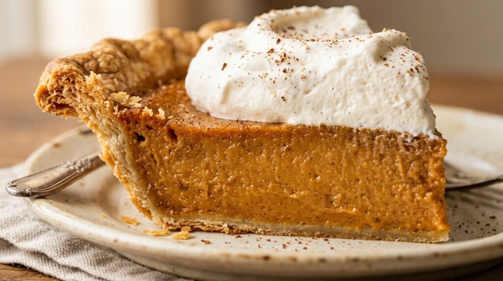 Ultra close-up macro of a slice of Southern spiced sweet potato pie with silky custard filling, flaky crimped crust, and fresh vanilla bean whipped cream