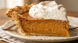 Ultra close-up macro of a slice of Southern spiced sweet potato pie with silky custard filling, flaky crimped crust, and fresh vanilla bean whipped cream