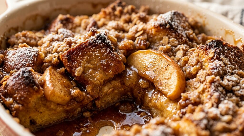 Ultra close-up macro of golden baked overnight apple cinnamon french toast casserole topped with crunchy pecan streusel, maple syrup drizzle, and powdered sugar
