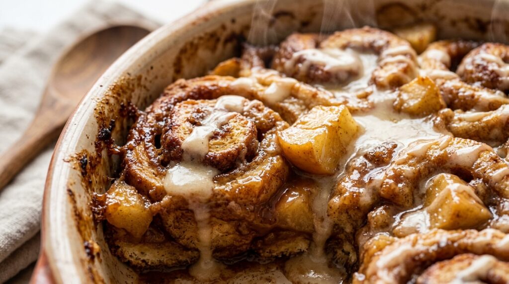 Ultra close-up macro of dramatic puffy golden Dutch baby pancake baked in cast iron skillet, filled with buttery caramelized cinnamon apples and dusted with powdered sugar