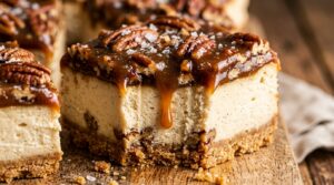 Ultra close-up macro of creamy sliced cheesecake bars on buttery shortbread crust topped with gooey brown sugar pecans and dripping salted caramel sauce