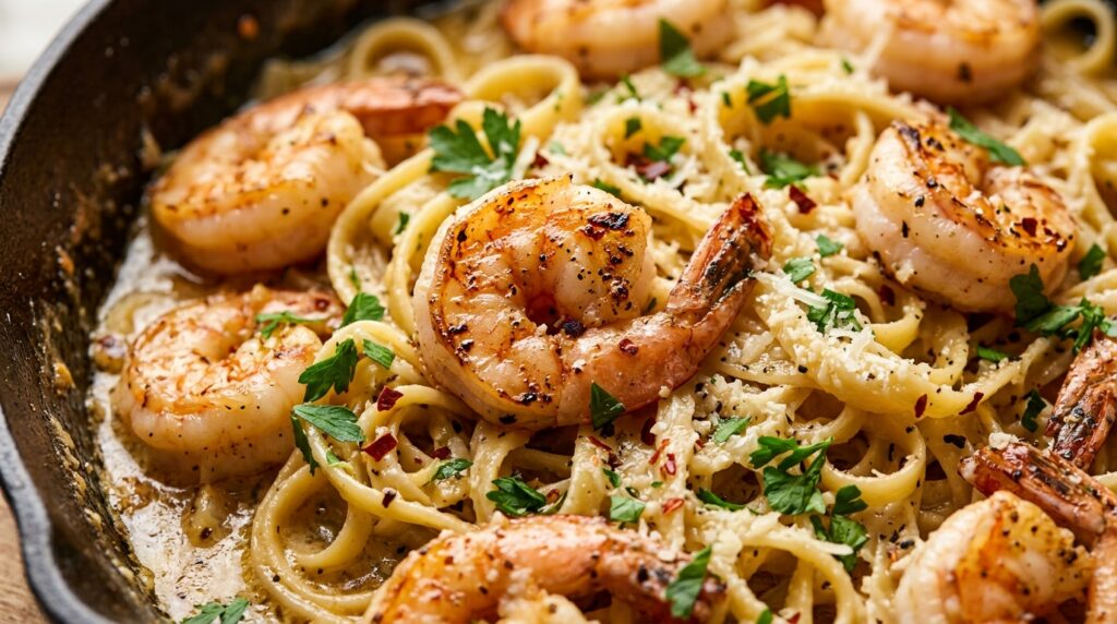 Ultra close-up macro of succulent jumbo shrimp simmering in creamy garlic butter lemon sauce with fresh parsley and cracked pepper