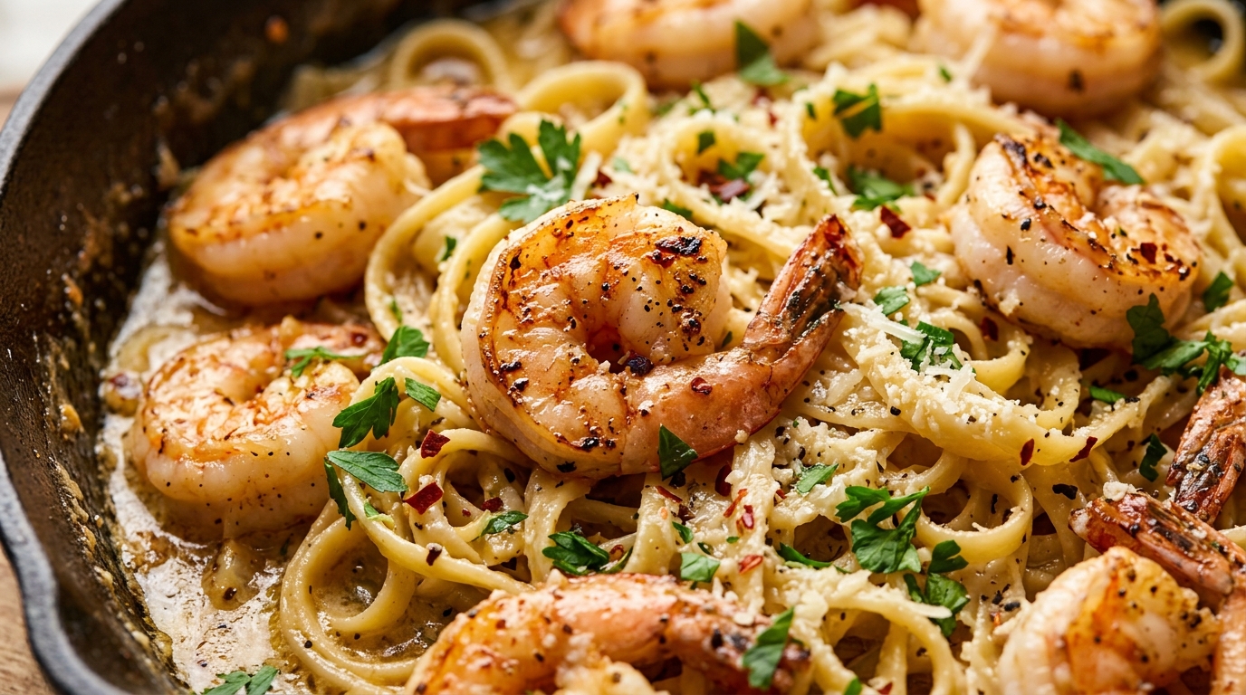 Ultra close-up macro of succulent jumbo shrimp simmering in creamy garlic butter lemon sauce with fresh parsley and cracked pepper