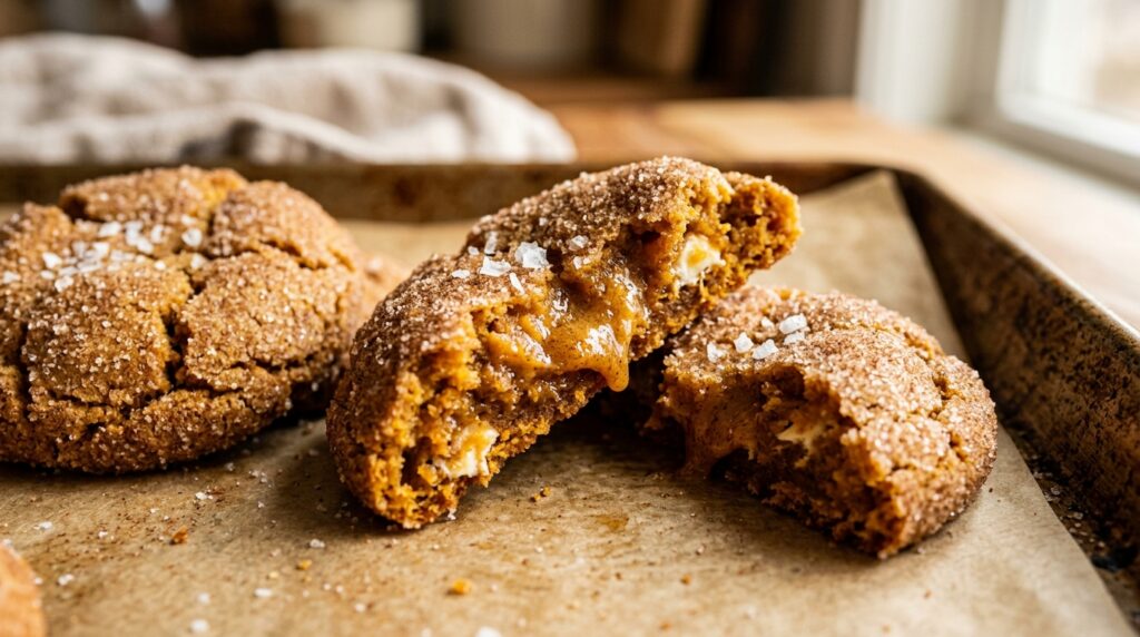 Ultra close-up macro of thick soft chewy brown butter snickerdoodle cookies coated in sparkling cinnamon sugar with crackled buttery centers