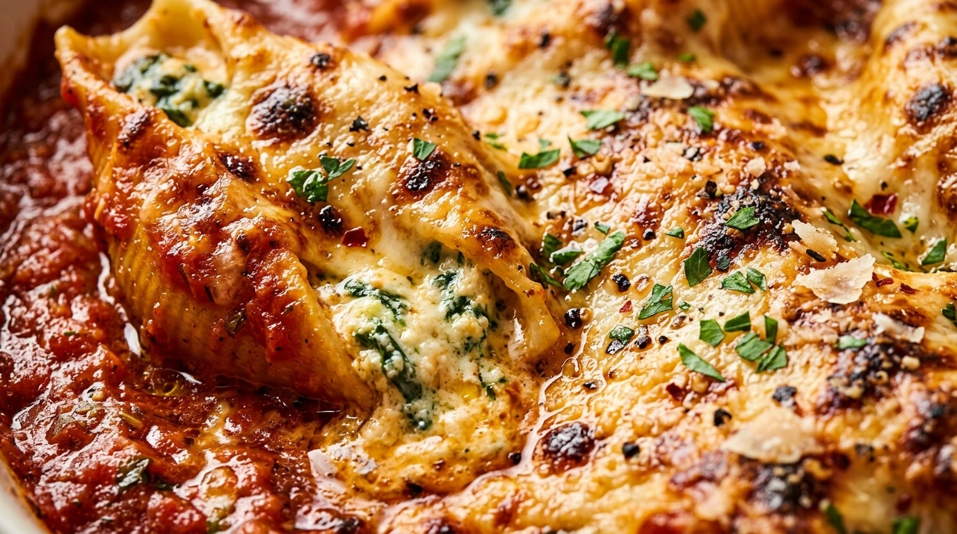 Ultra close-up macro of bubbling baked jumbo pasta shells stuffed with creamy spinach ricotta and topped with melted stretchy mozzarella cheese in rich red marinara