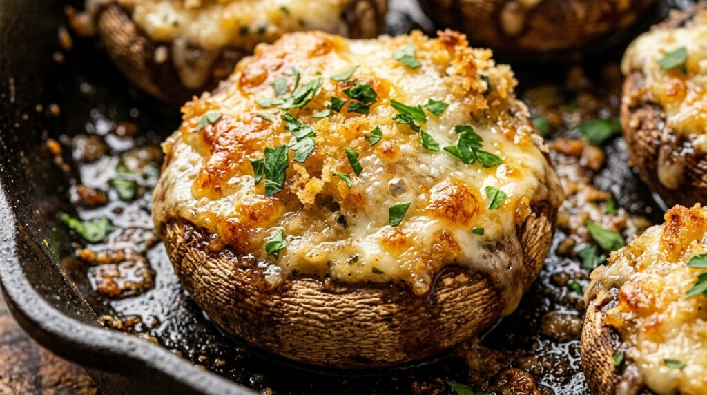 Ultra close-up macro of golden baked garlic herb cream cheese stuffed mushrooms bubbling with parmesan and crispy panko crust