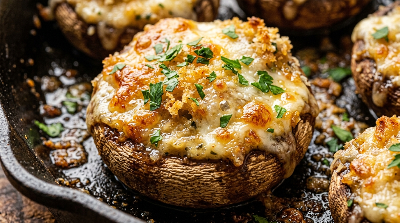 Ultra close-up macro of golden baked garlic herb cream cheese stuffed mushrooms bubbling with parmesan and crispy panko crust