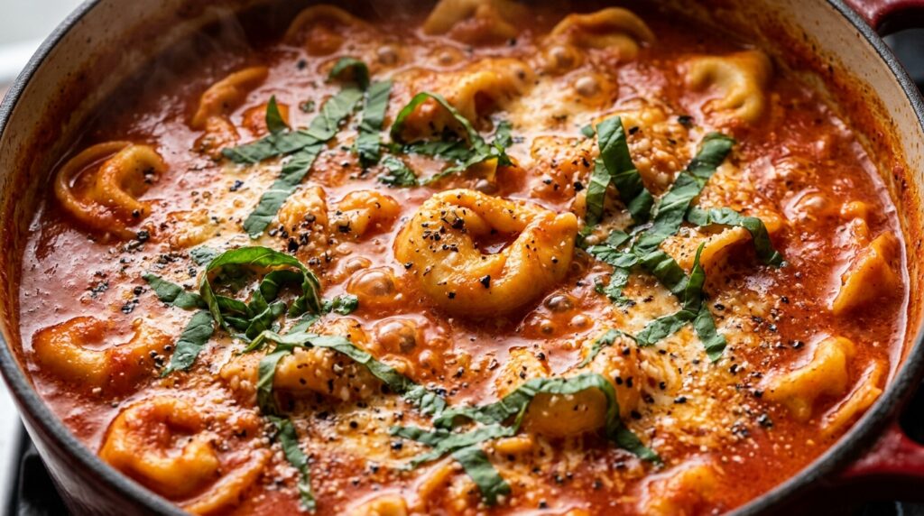 Ultra close-up macro of creamy tomato basil tortellini soup bubbling in a Dutch oven with cheese tortellini, fresh basil, and parmesan