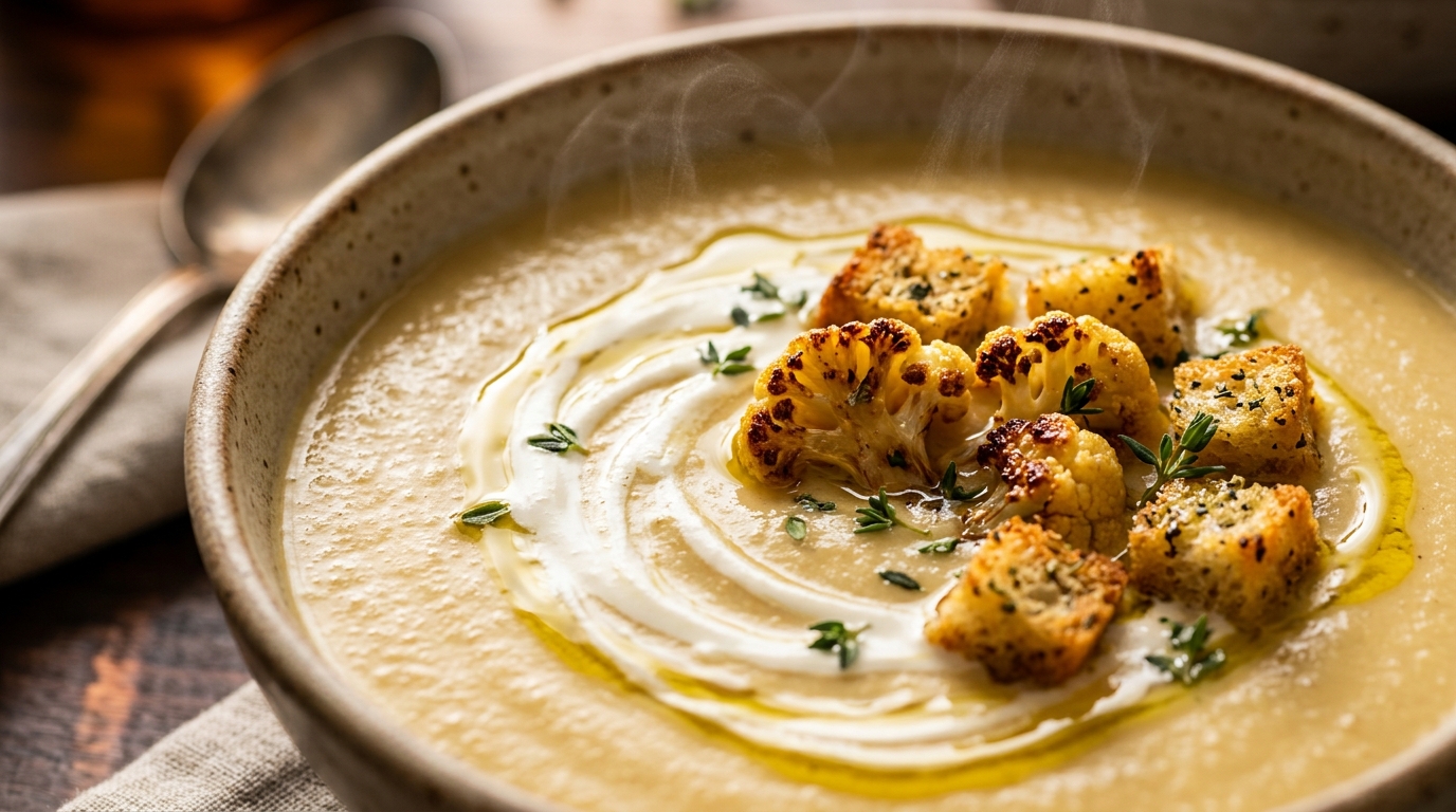 Ultra close-up macro of velvety roasted cauliflower garlic soup garnished with roasted florets, olive oil drizzle, and fresh thyme