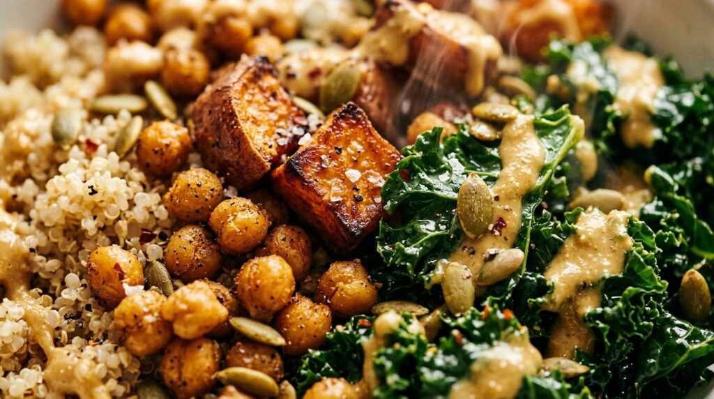 Ultra close-up macro of warm autumn harvest grain bowl with caramelized sweet potatoes, quinoa, massaged kale, Honeycrisp apples, and creamy tahini drizzle