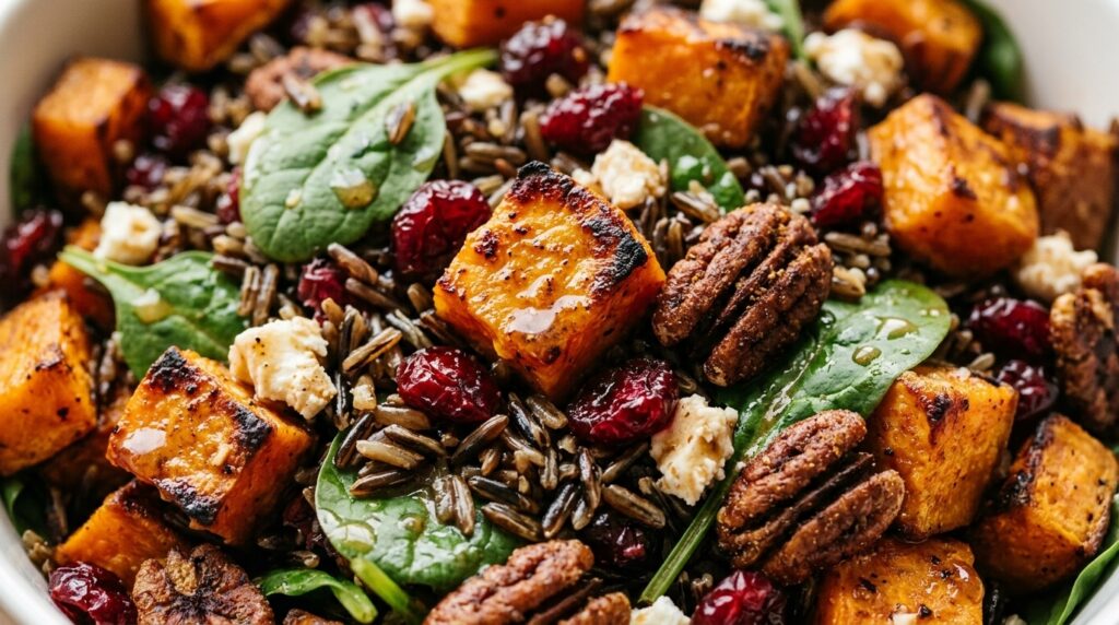 Ultra close-up macro of warm caramelized roasted sweet potatoes with wild rice, goat cheese, cranberries, and pecans