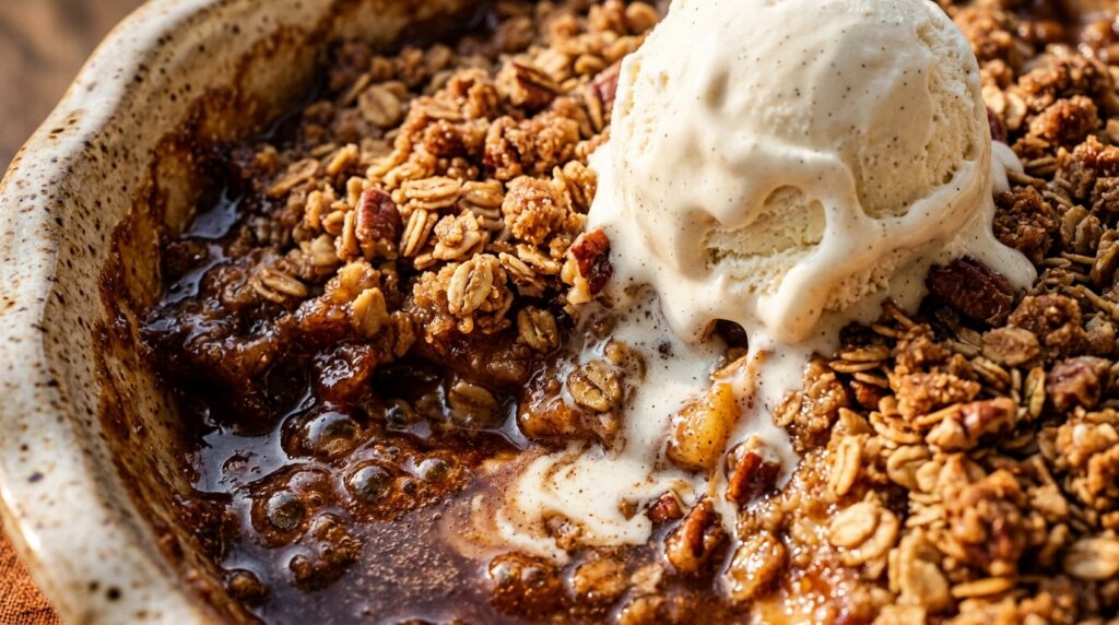 Ultra close-up macro of warm cinnamon apple crisp tart with golden oat streusel, tender spiced sliced apples, and rich salted caramel drizzle