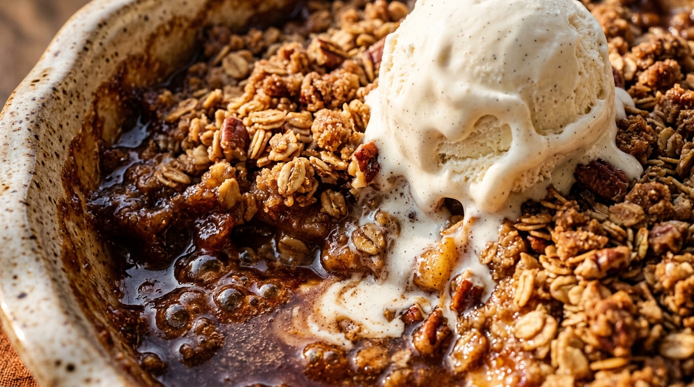 Ultra close-up macro of warm cinnamon apple crisp tart with golden oat streusel, tender spiced sliced apples, and rich salted caramel drizzle